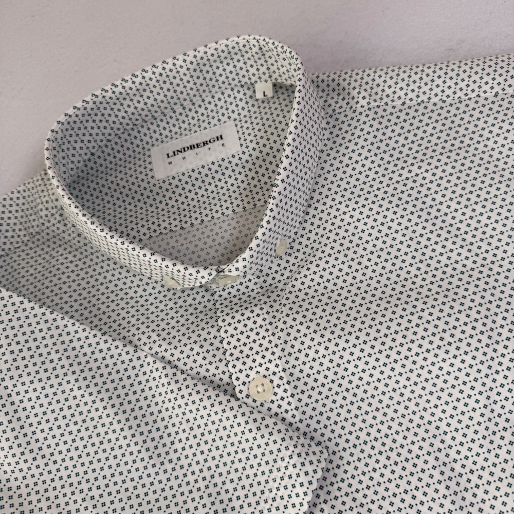 New Lindbergh CPH Short Sleeve Button Down Shirt Mens L White Green Microprint